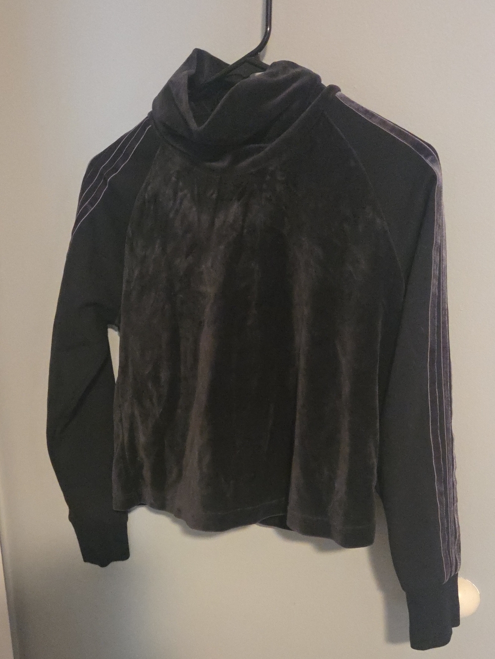 adidas Black Velour Cowl Neck Sweater with Stripe-Trim Sleeves Crop Top